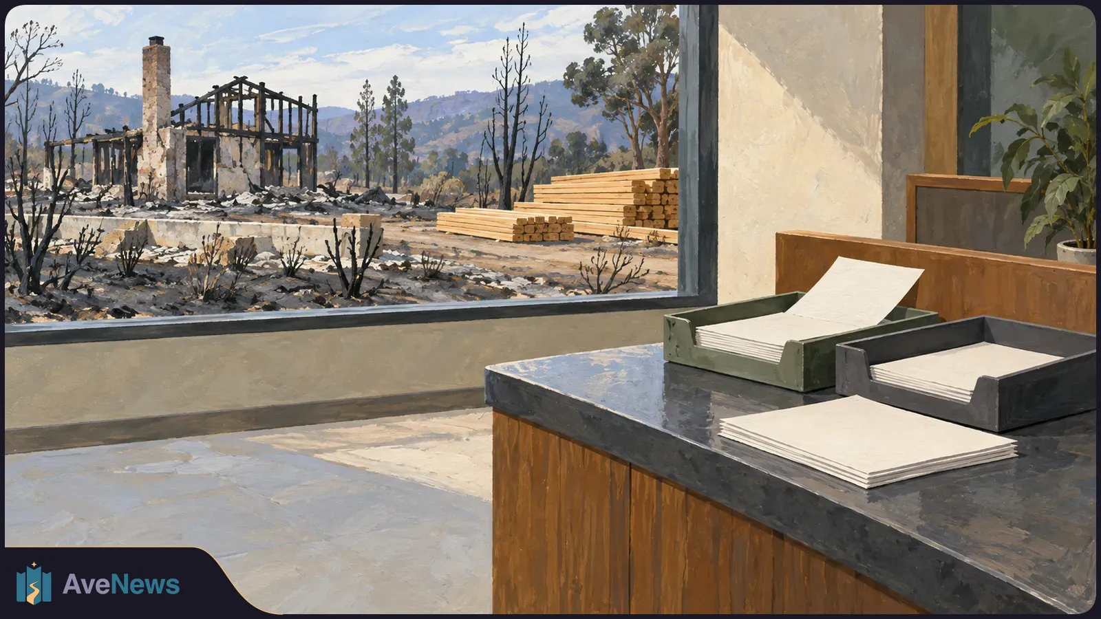 A painted view from an office counter with blank paper trays toward a fire-damaged house, scorched trees and stacks of lumber outside. SI illustration