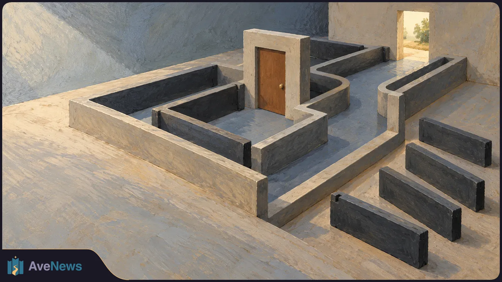 Painterly illustration of a wooden door amid low concrete walls forming a maze, with a sunlit opening at the far end and dark blocks in the foreground. SI illustration