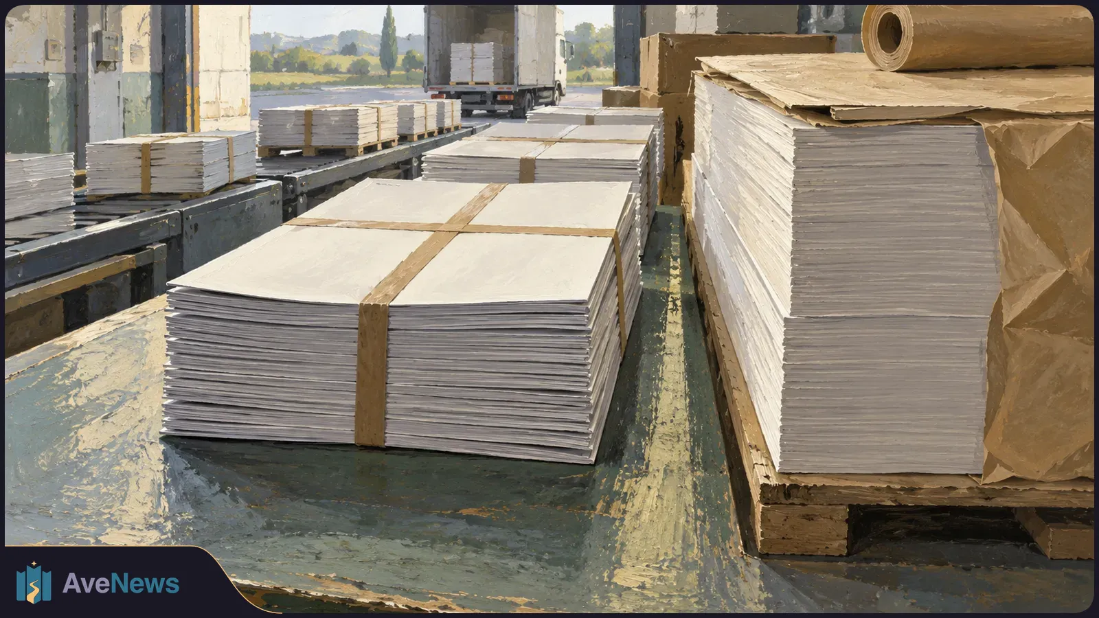 Strapped stacks of white paper sit on a conveyor and a wooden pallet in a loading area, with an open truck in the background. SI illustration