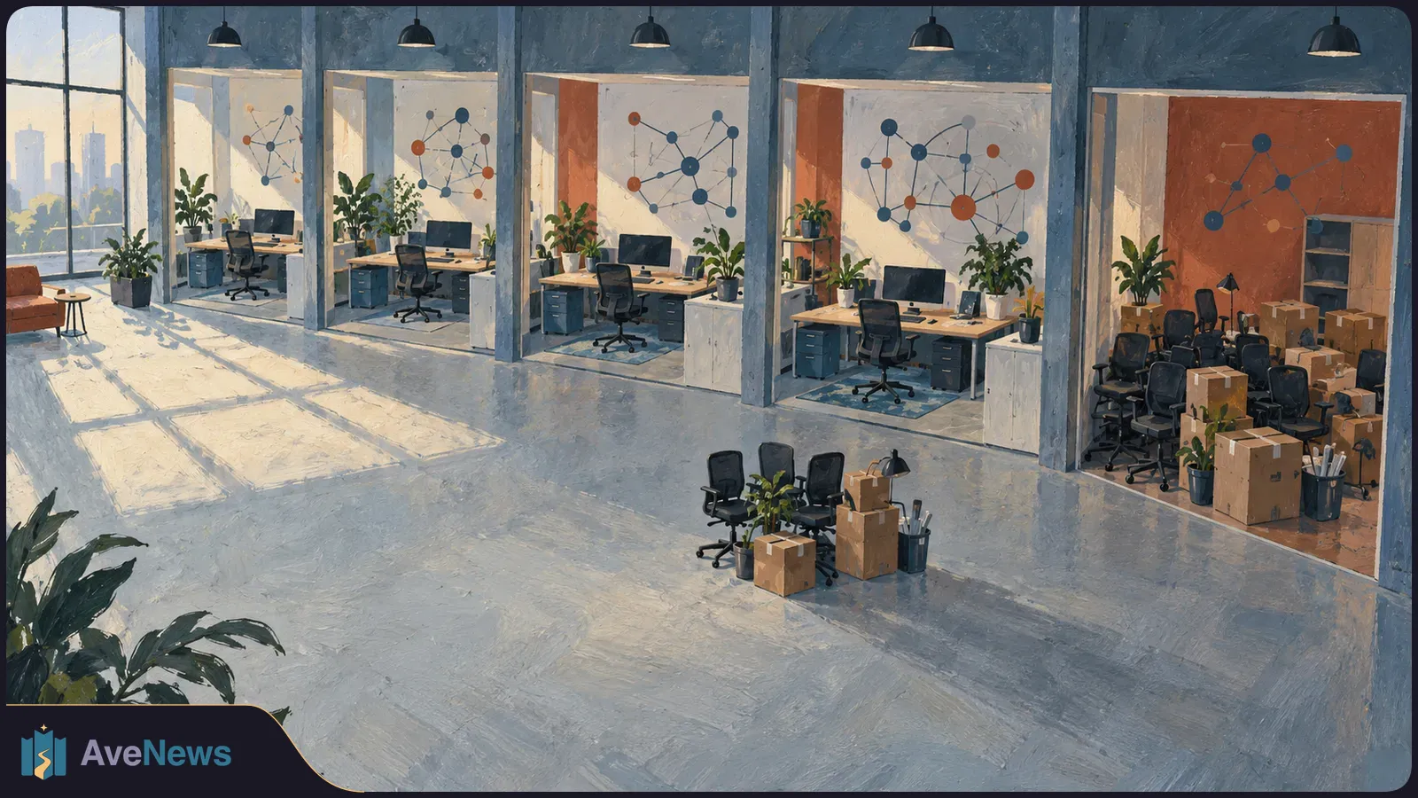 Illustration of a mostly empty office with computer desks beneath network diagrams, while boxes and unused chairs fill one bay. SI illustration