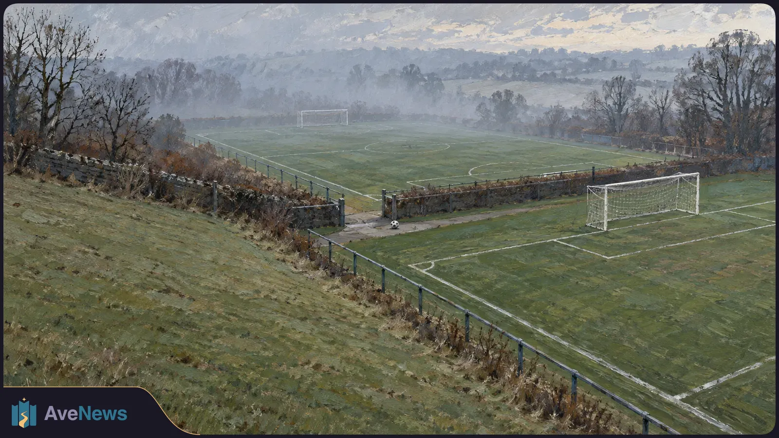 Painted view of empty football pitches with white goals and field lines, a ball beside a fence gate, and bare trees under a cloudy sky. SI illustration