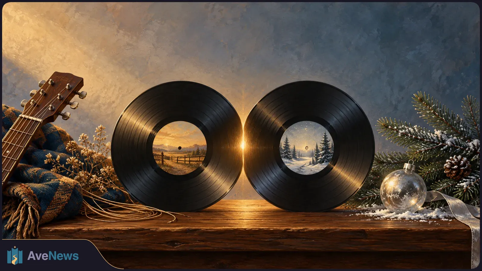 Two black vinyl records on a wooden table frame a warm country landscape and a snowy forest. A guitar and blanket sit on the left; pine branches and an ornament sit on the right. SI illustration