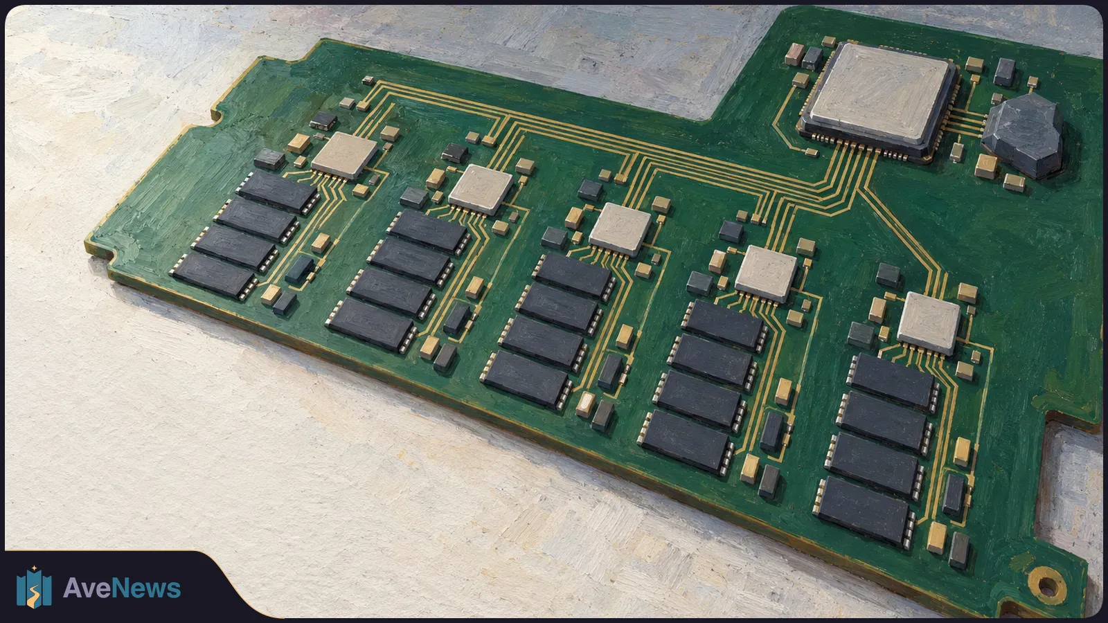 A painted green circuit board with rows of dark rectangular chips, pale square chips and gold traces on a light surface. SI illustration