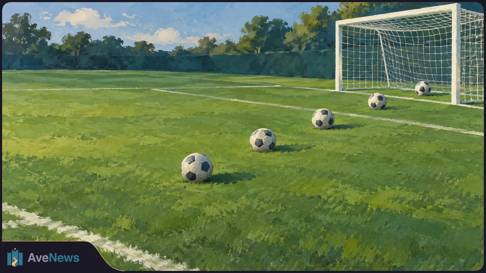 A painted football pitch with five balls spaced across the grass toward a goal on the right, with trees beyond the field. SI illustration