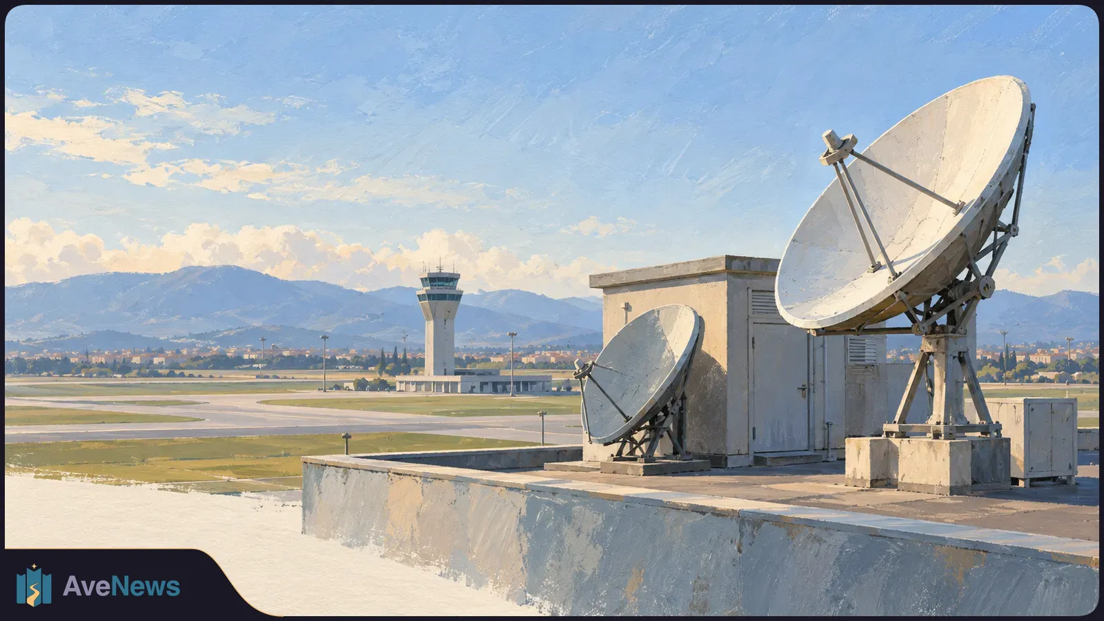Painted airport scene with two satellite dishes on a rooftop, an air traffic control tower beyond the runway, and mountains in the distance. SI illustration
