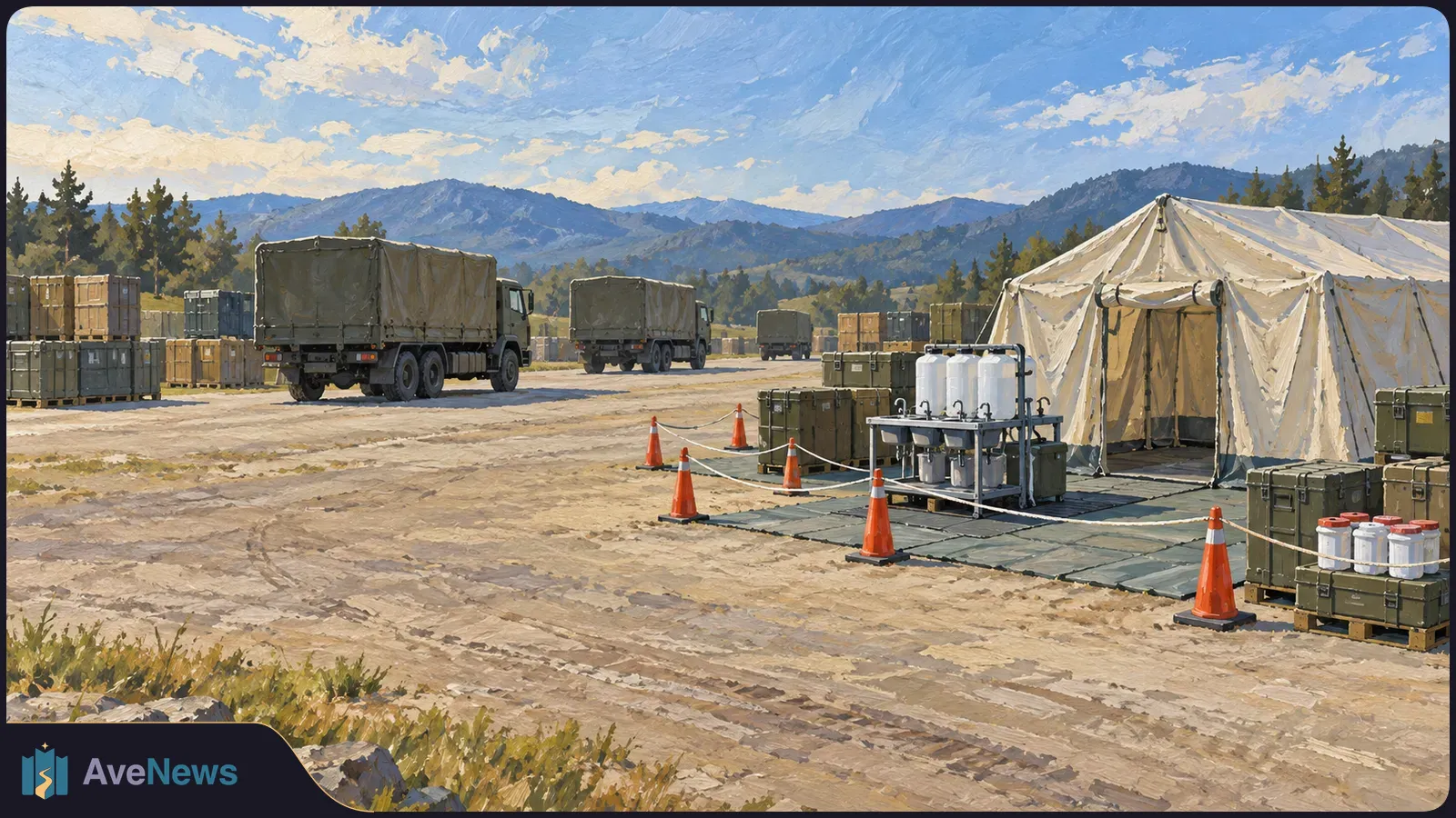 Painted mountain-side field camp with canvas-covered trucks, a large tent, stacked crates, white containers and orange traffic cones. SI illustration
