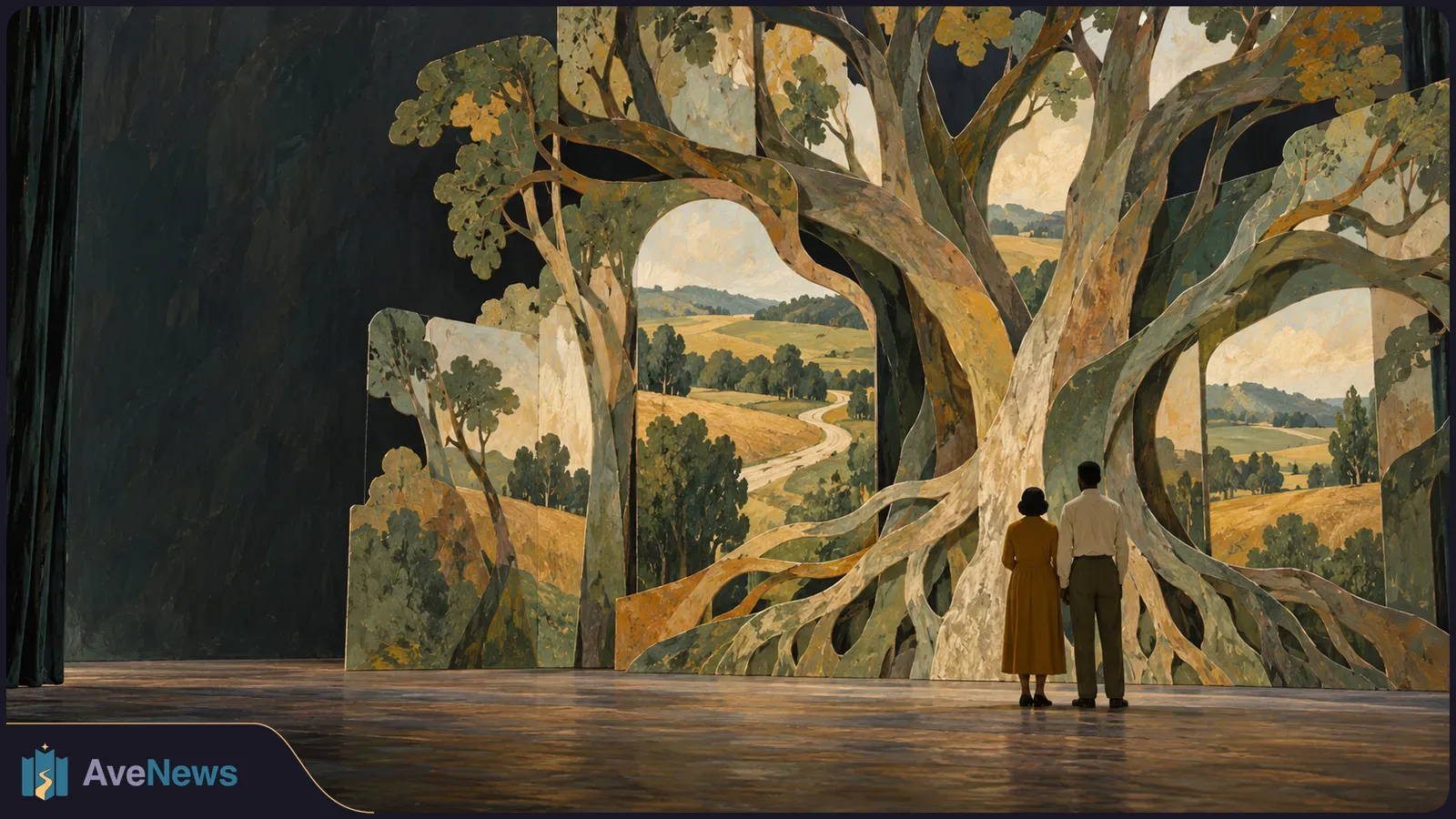 Two figures stand on a wooden stage facing painted scenery of a giant tree, rolling fields and a winding road. SI illustration
