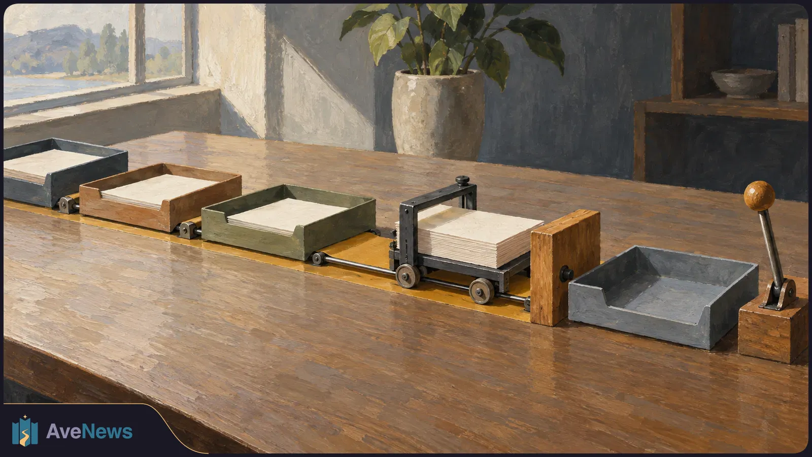Painted scene of blank paper stacked in trays along a tabletop rail, with a wooden stop and lever at one end; a window and potted plant sit behind. SI illustration