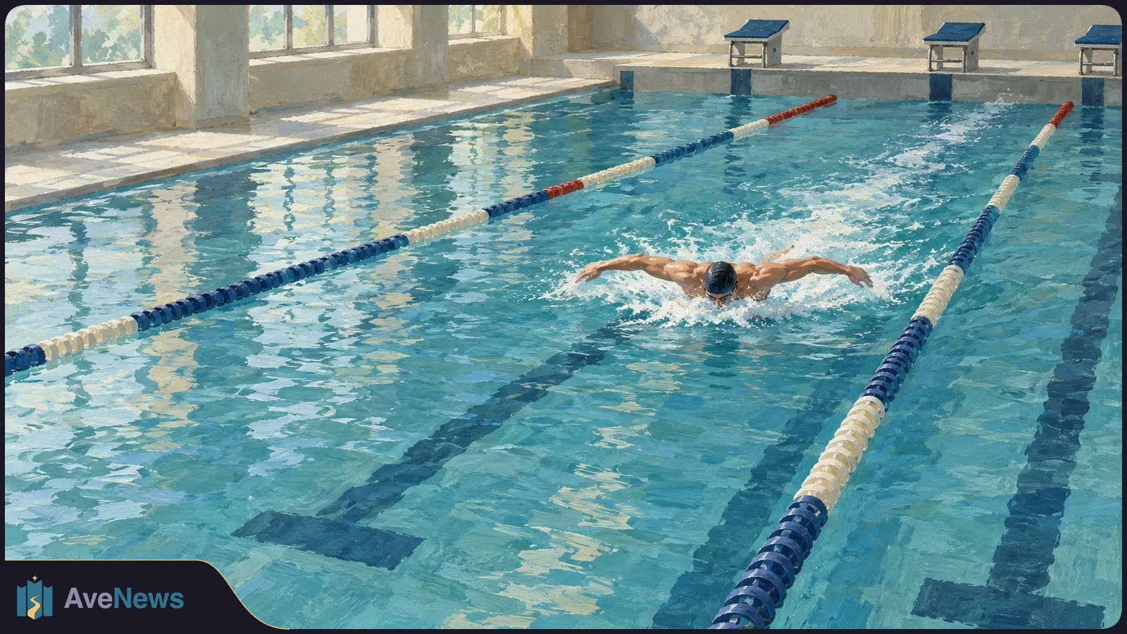 A swimmer does butterfly between lane ropes in a sunlit indoor pool, with starting blocks and windows in the background. SI illustration
