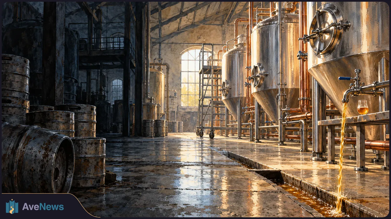 Illustrated brewery interior with steel tanks, kegs and copper pipes. Amber liquid pours from a tap into a floor drain. SI illustration