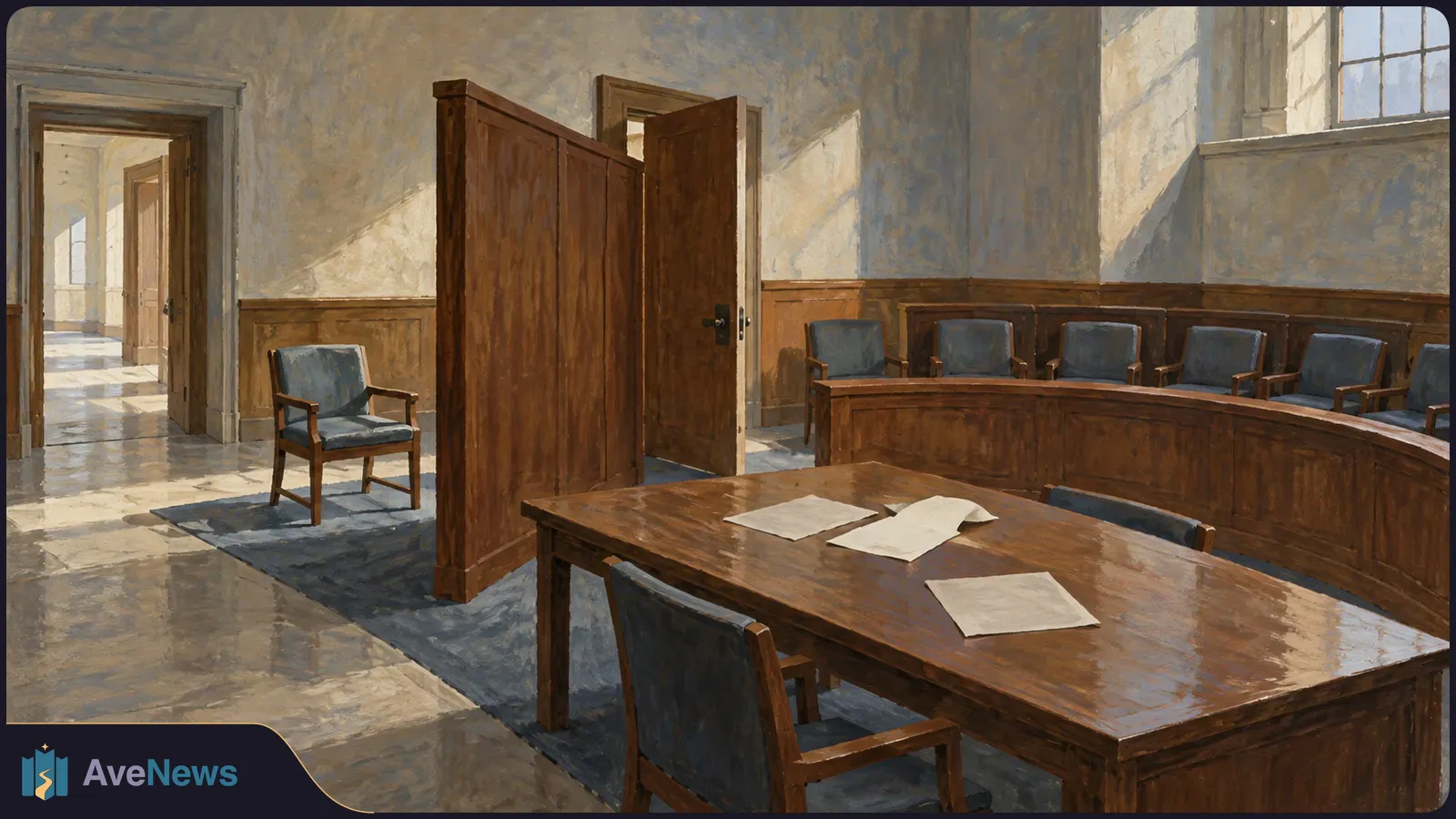 Painterly view of an empty courtroom with wooden tables, chairs, a raised seating area, open doors and blank papers on a table. SI illustration