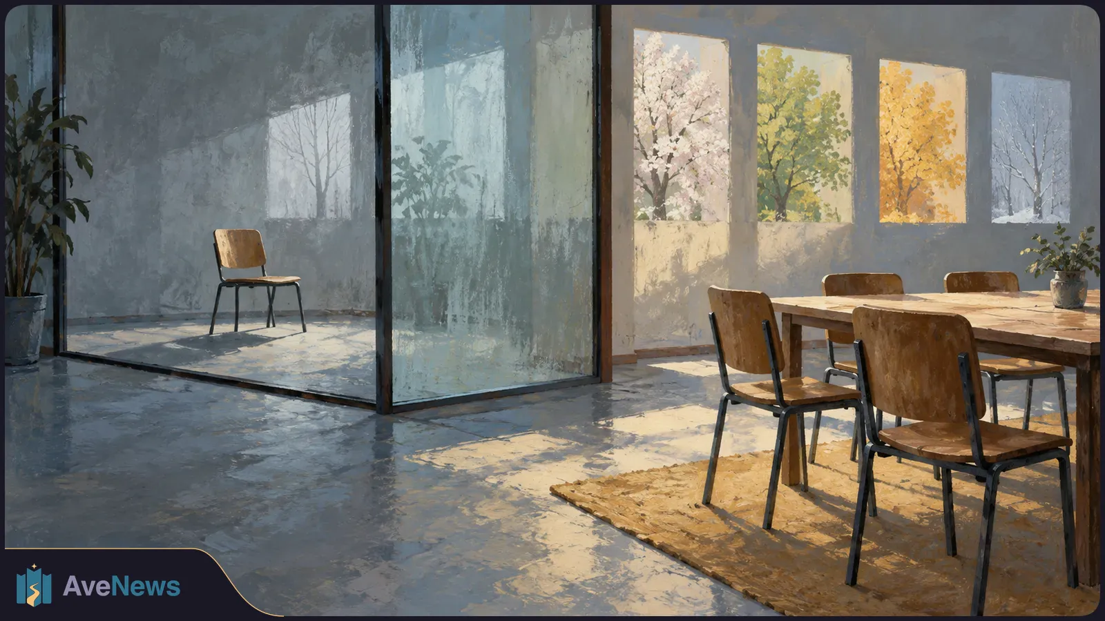 Painterly room with an empty chair behind a glass partition and more empty chairs around a table; windows show trees in different seasons. SI illustration