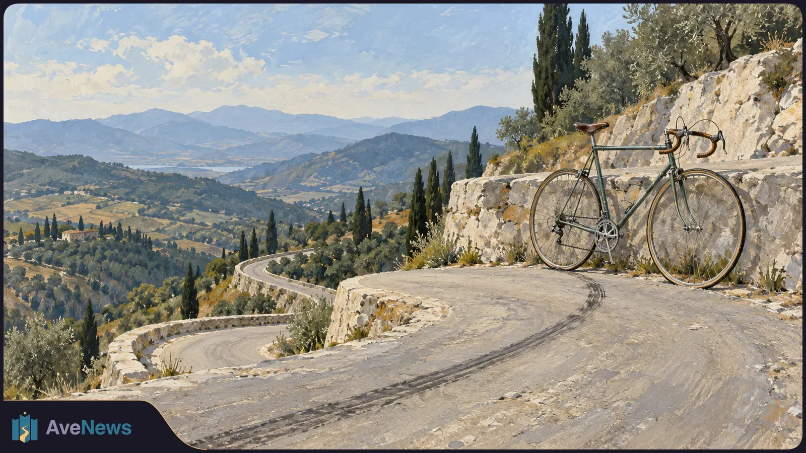 A painted road bicycle beside a stone wall on a winding hillside road, with trees, a green valley and distant blue mountains. SI illustration