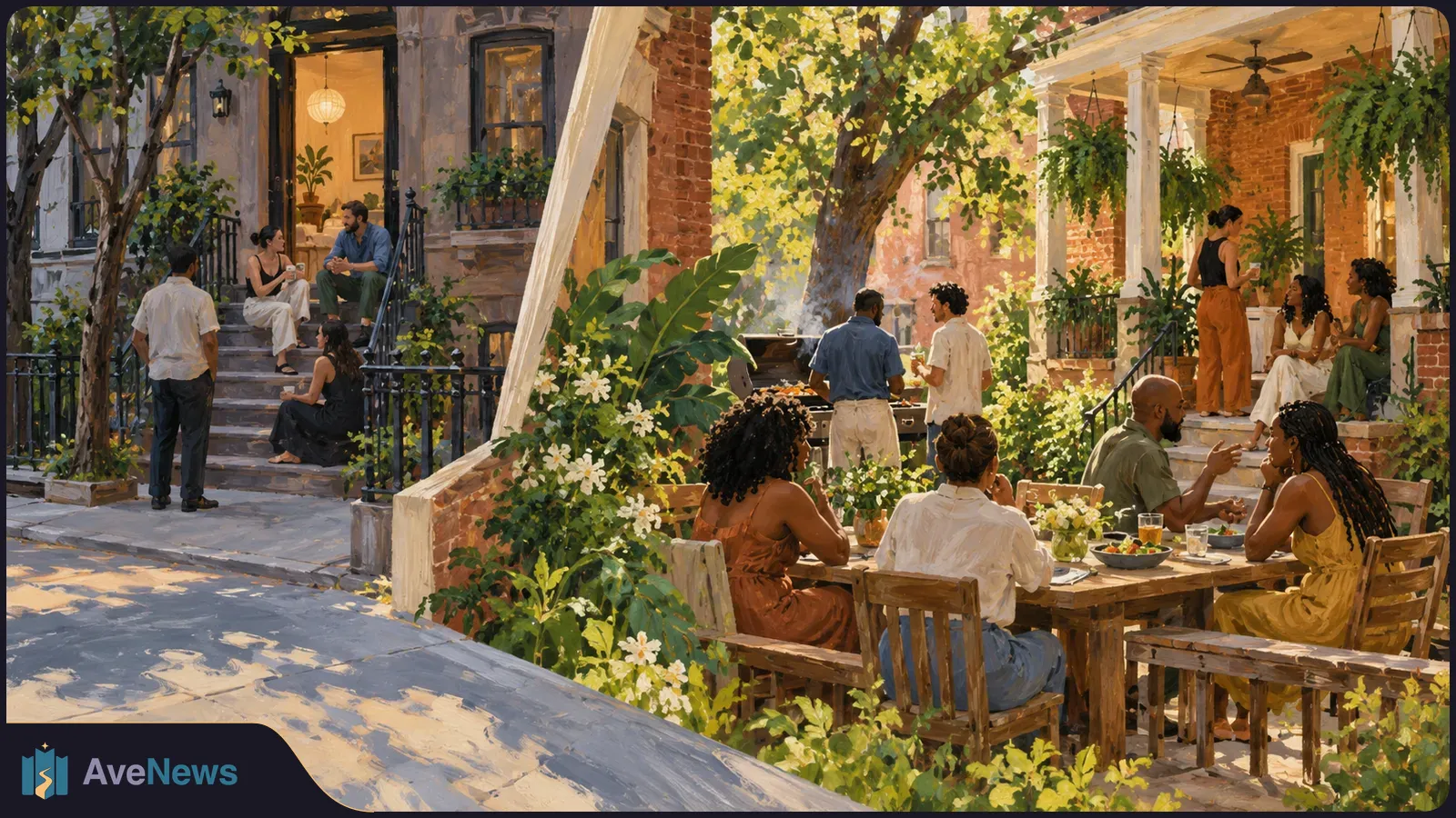 Painted scene of people talking on townhouse steps and porches while others gather around a grill and an outdoor dining table beneath leafy trees. SI illustration