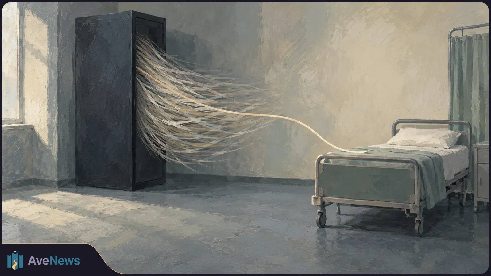 Painted illustration of an empty hospital bed beside a tall dark cabinet, with pale strands streaming from the cabinet toward the bed. SI illustration
