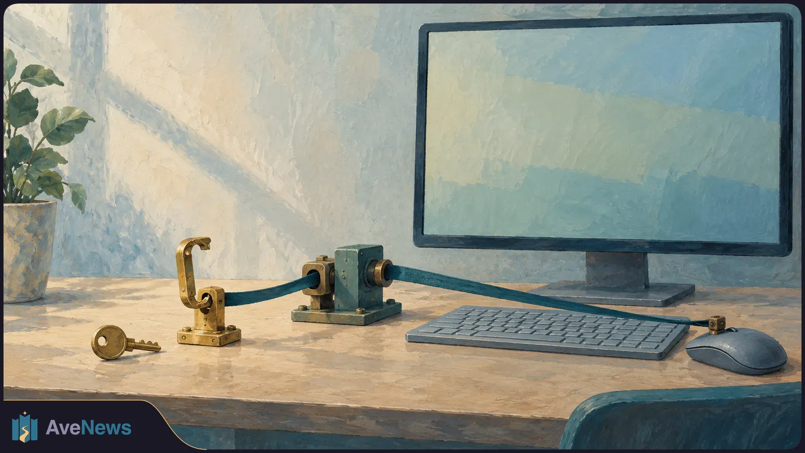 Painted desktop scene with a blank monitor, keyboard and mouse. A blue cable passes through a brass lever and metal fitting; a loose key lies on the desk. SI illustration