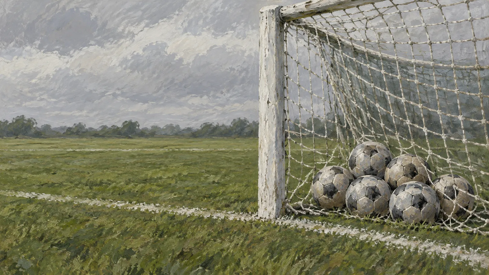 A painted football field under a cloudy sky, with six footballs gathered inside a white goal net. SI illustration