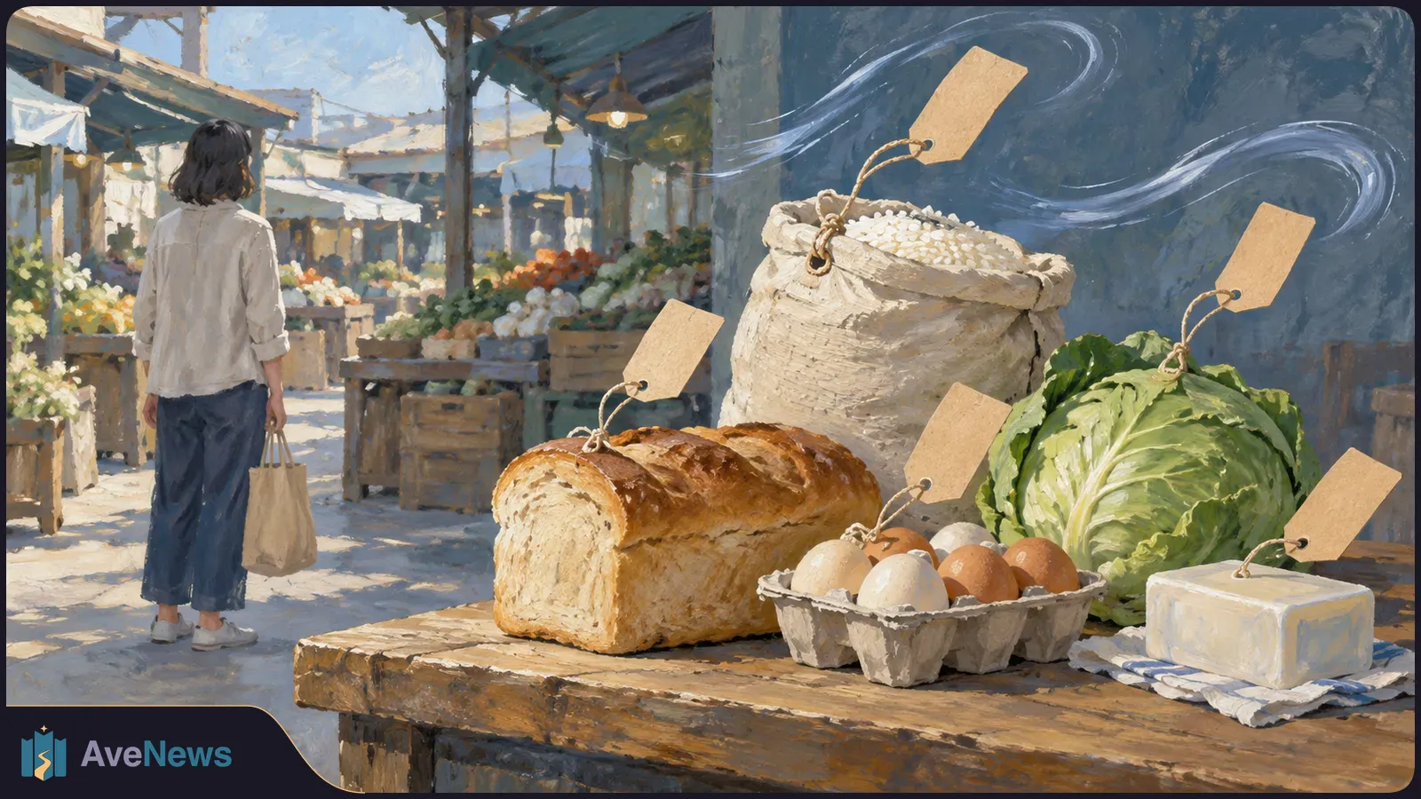 Painted market scene with a shopper carrying a bag past produce stalls. A loaf of bread, eggs, cabbage, a sack of rice and a pale block sit on a wooden table with blank tags. SI illustration