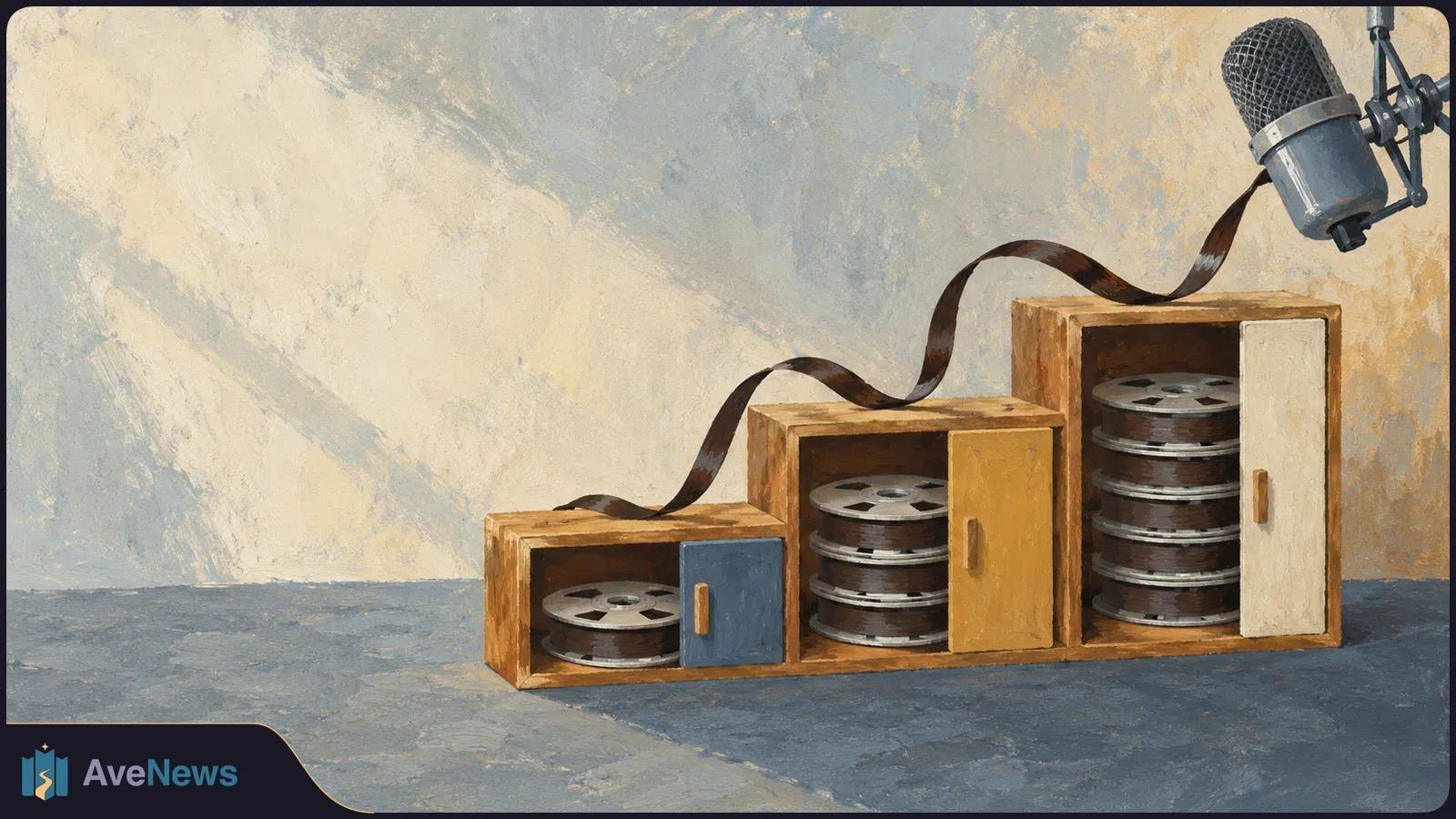A painted illustration of a microphone above three ascending wooden compartments holding audio reels, linked by a winding strip of tape. SI illustration