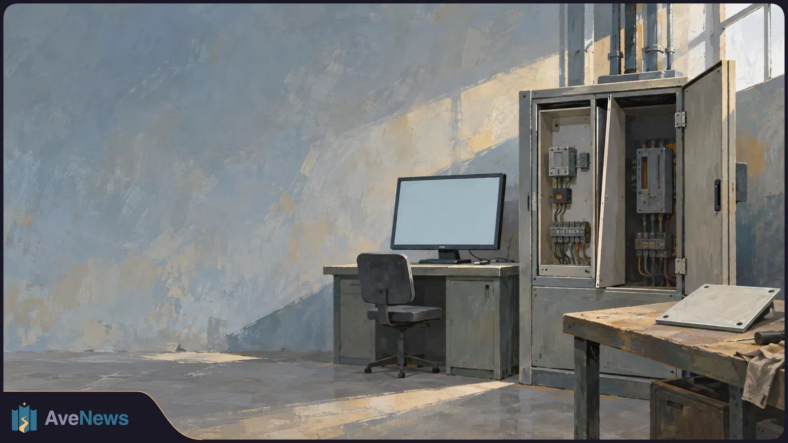 Painterly industrial room with an open electrical control cabinet beside a desk, chair and blank monitor. A metal plate rests on a worktable in front. SI illustration