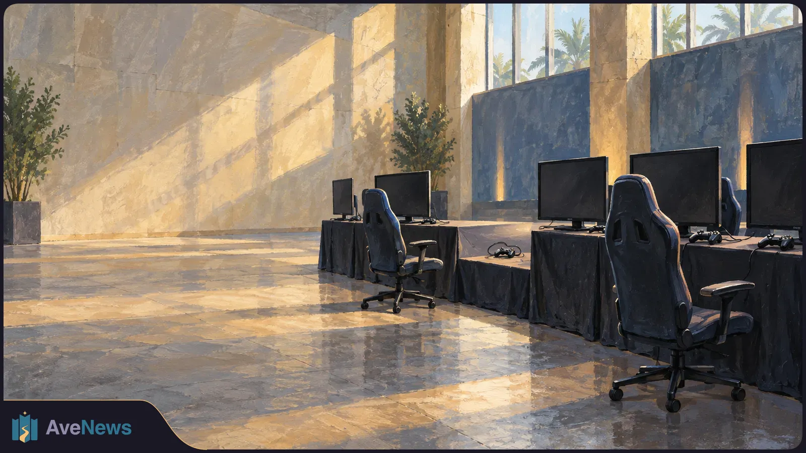 A sunlit, empty hall with dark monitors, game controllers and gaming chairs along draped tables. Palm trees are visible through high windows. SI illustration