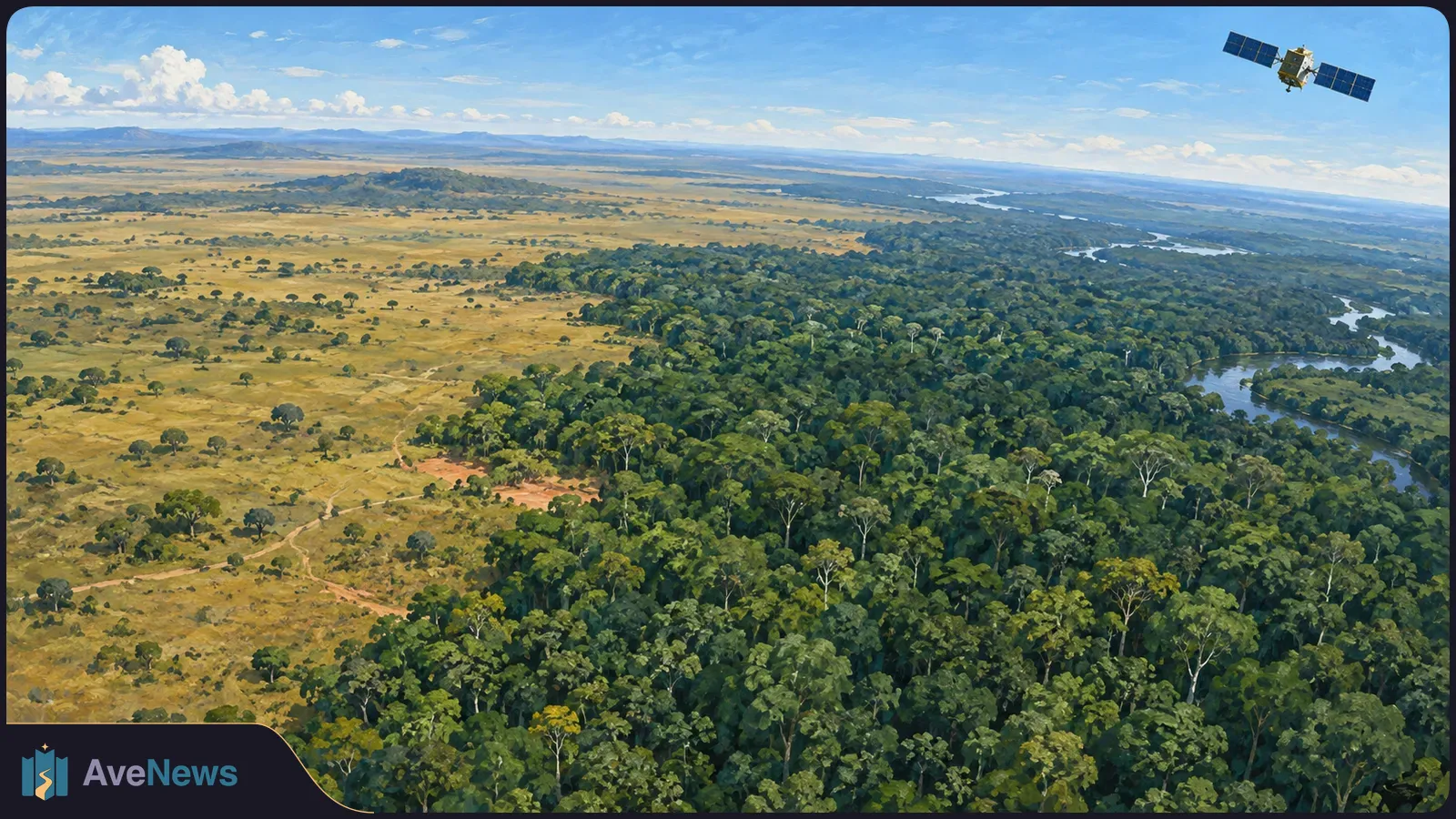 Painted aerial view of dense forest beside open savanna, with a winding river in the distance and a satellite overhead. SI illustration