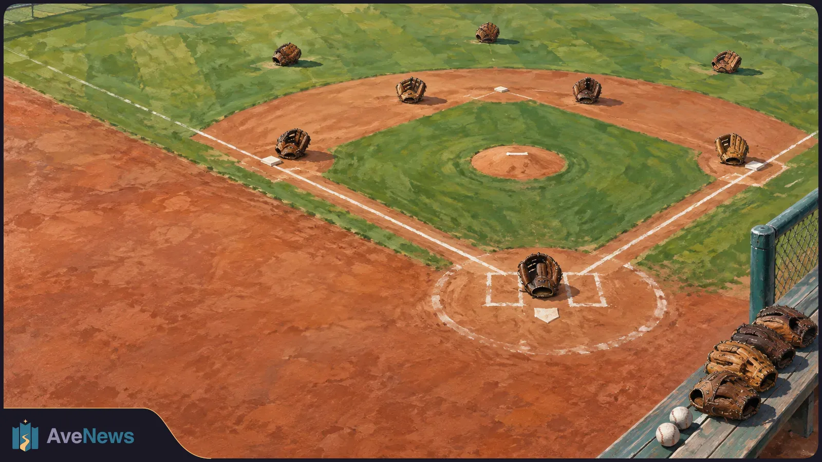 Painterly view of an empty baseball diamond with gloves placed around the field; more gloves and two baseballs rest on a bench at right. SI illustration