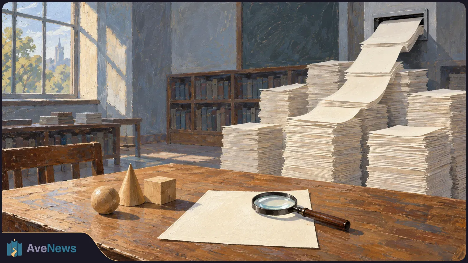 Painterly room with stacks of blank paper cascading from a wall slot. A magnifying glass and wooden sphere, cone and cube sit on a table. SI illustration