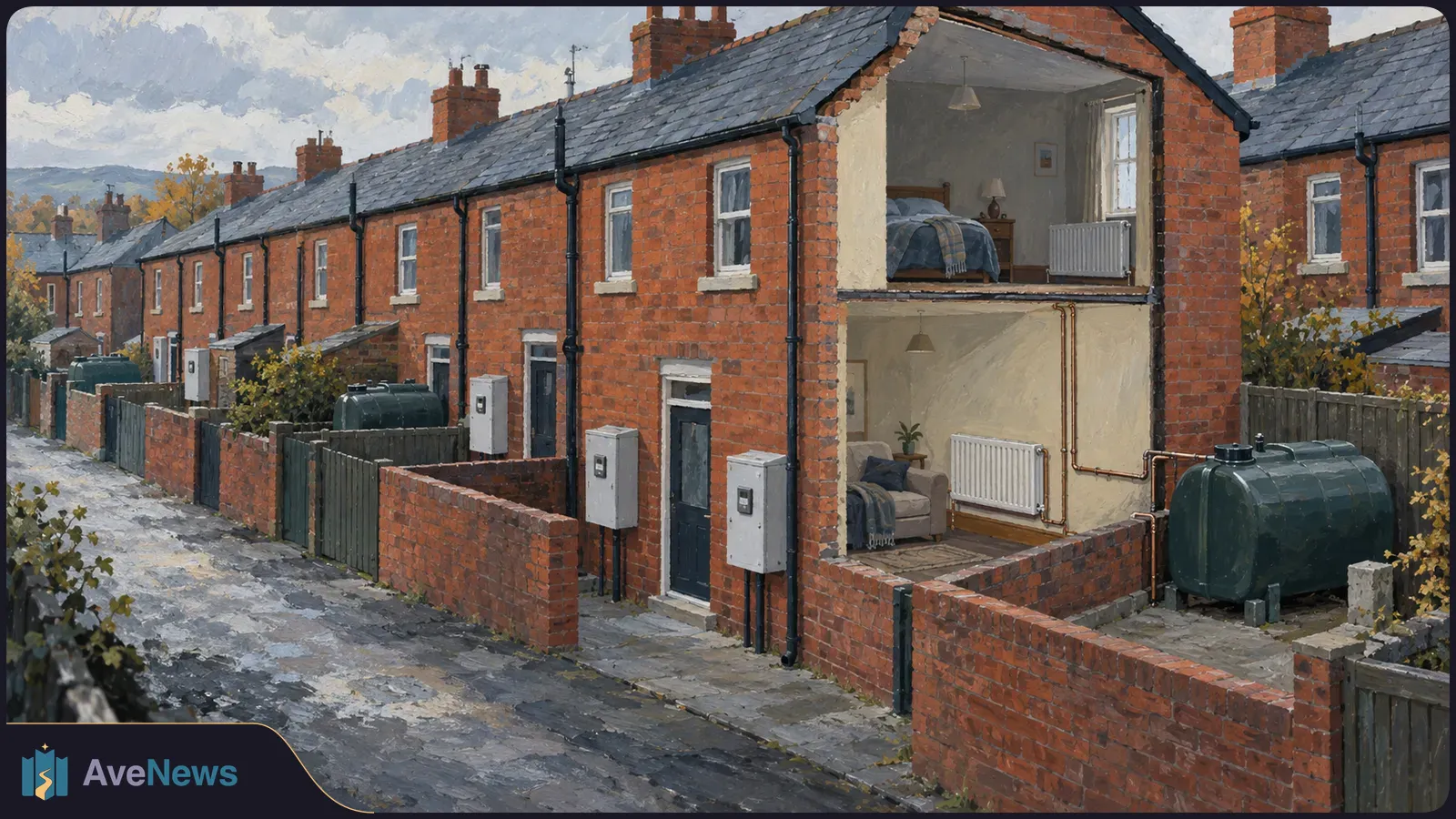 Painted row of red-brick houses, one shown in cutaway with a bedroom, living room, radiators, exterior electricity meters and a large heating-oil tank. SI illustration