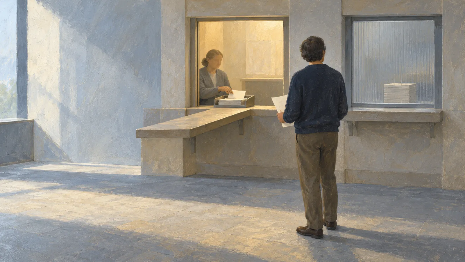 A man holding papers stands at a service window, where a woman handles a sheet beside a stack of documents. Sunlight falls across the floor. SI illustration