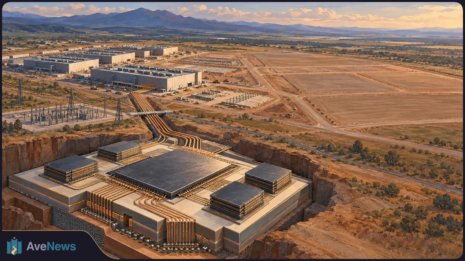 Illustrated aerial view of data center buildings and graded land, with power lines at left and a giant chip-like structure linked by copper conduits in the foreground. SI illustration