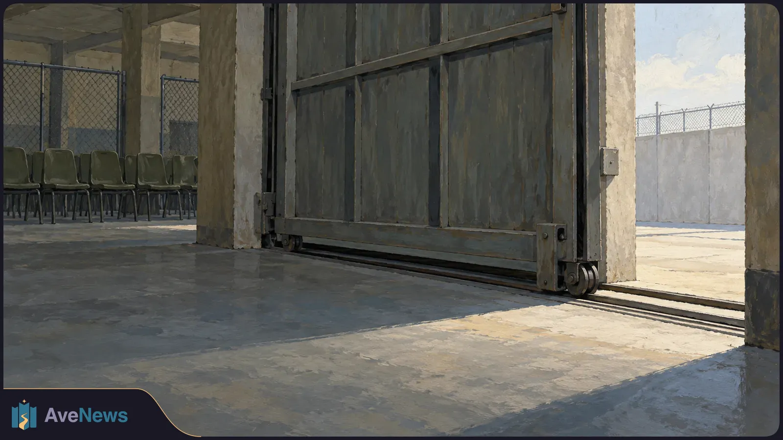 Illustration of an empty concrete room with rows of chairs behind a chain-link fence and a large metal gate partly open to a sunlit yard. SI illustration