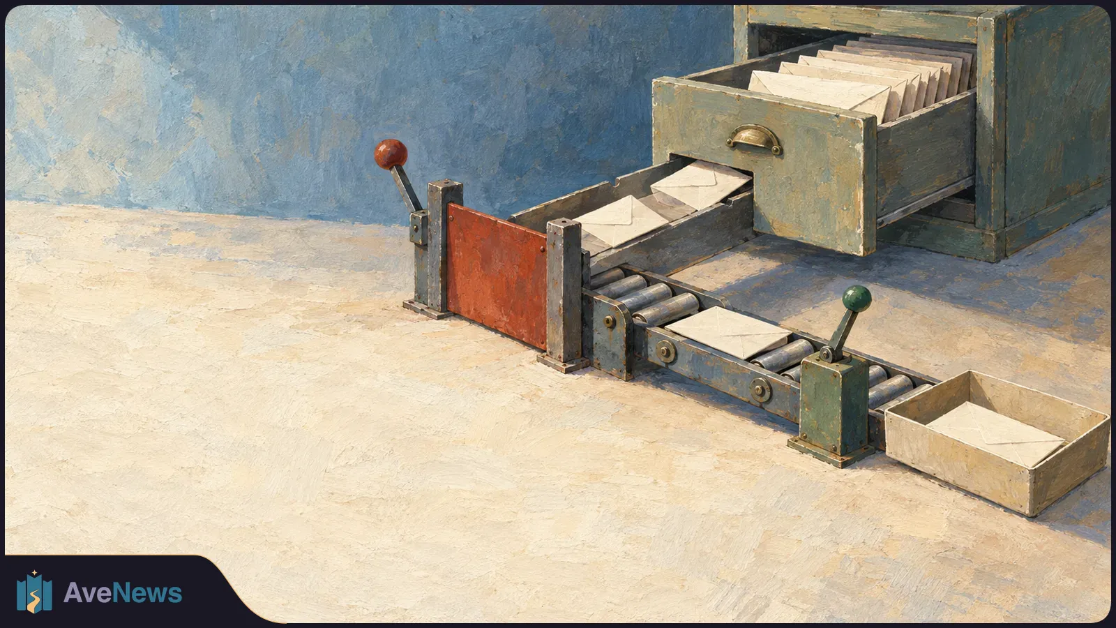 Painterly illustration of envelopes moving from an open filing drawer along a roller conveyor, past a red gate and two levers toward a tray. SI illustration