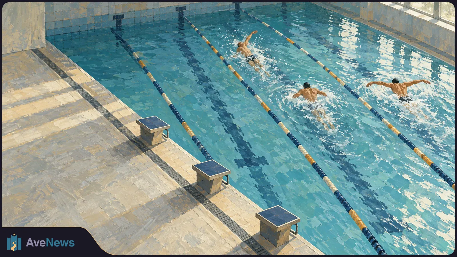 Painted view of three swimmers moving through separate lanes in an indoor pool, with starting blocks along the near edge. SI illustration