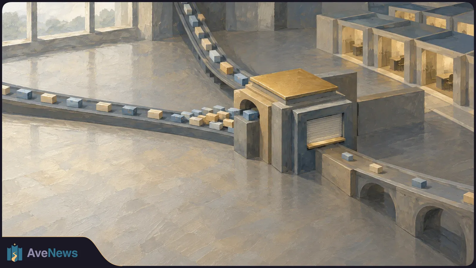 Painted illustration of small blue and beige blocks on conveyor belts converging at a gateway, with several clustered at its entrance. SI illustration