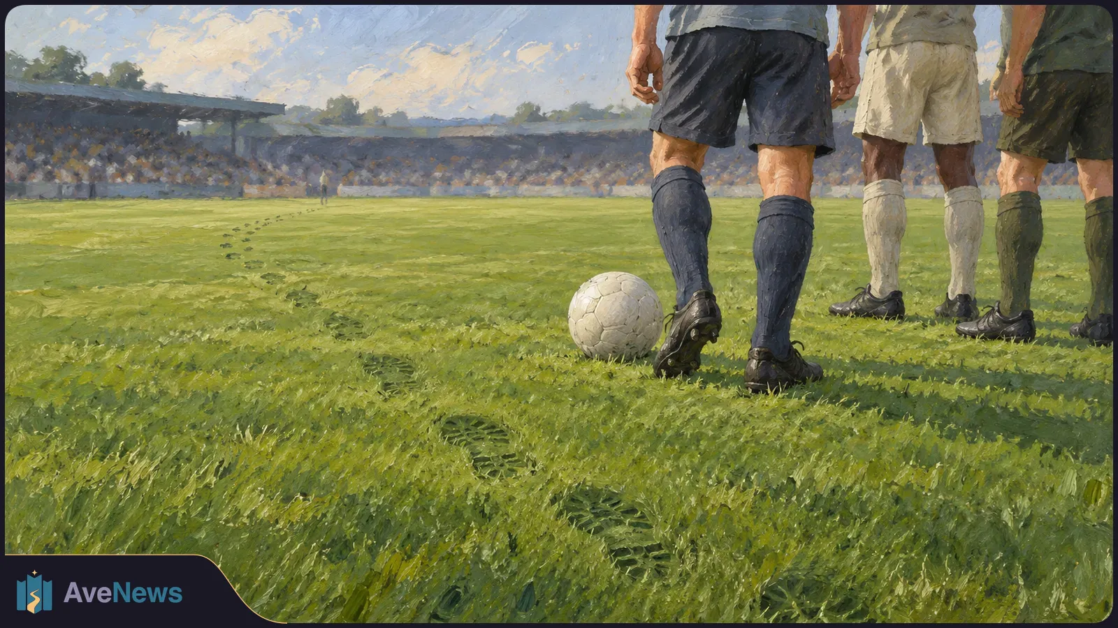 Painting of three football players, cropped at the shoulders, standing beside a white ball on a grassy pitch, with crowded stands behind them. SI illustration