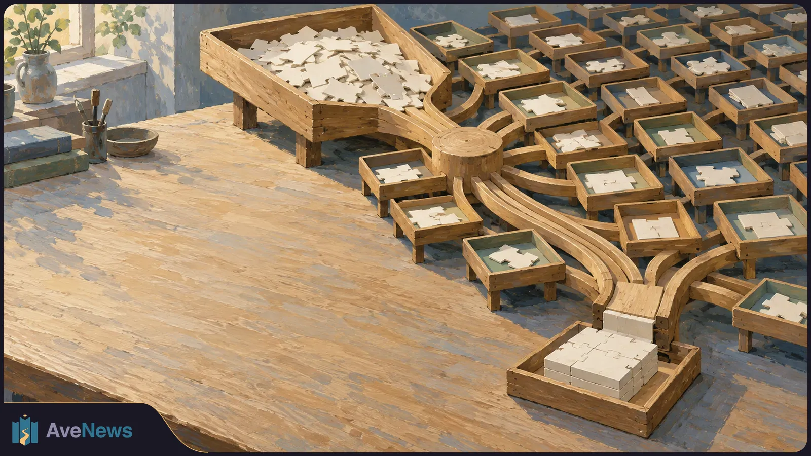Painted wooden worktable with a large tray of puzzle pieces, branching wooden channels leading to smaller trays, and channels converging on a stack of assembled pieces. SI illustration