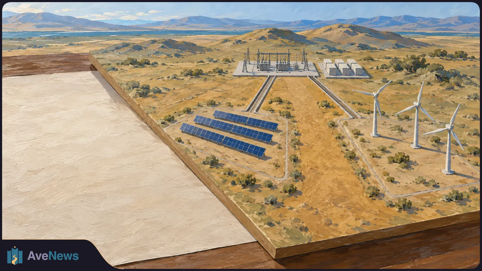 Painted tabletop landscape model with rows of solar panels, three wind turbines and an electrical substation against dry hills and distant mountains. SI illustration