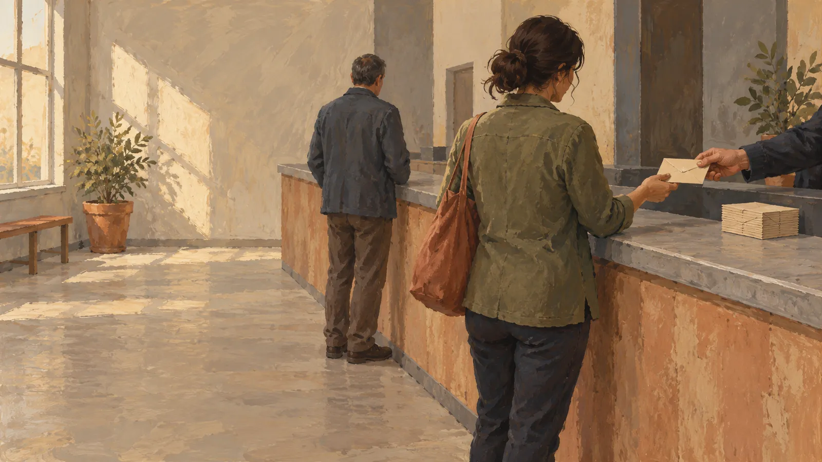 Illustration of a woman exchanging an envelope across a counter, with another person nearby and a stack of envelopes on the counter. SI illustration