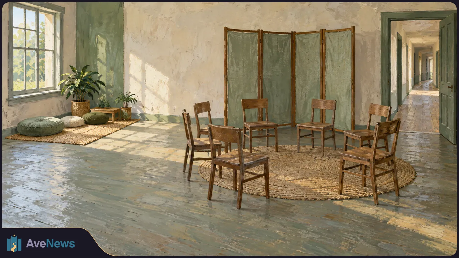 A sunlit painted room with wooden chairs in a circle on a woven rug, a folding screen behind them, and plants and cushions by a window. SI illustration