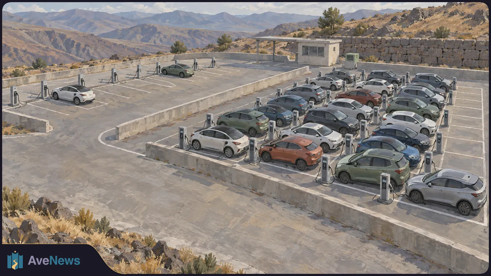 A painted mountain-side charging lot has rows of cars on one side and just two cars on the other, with charging posts throughout. SI illustration