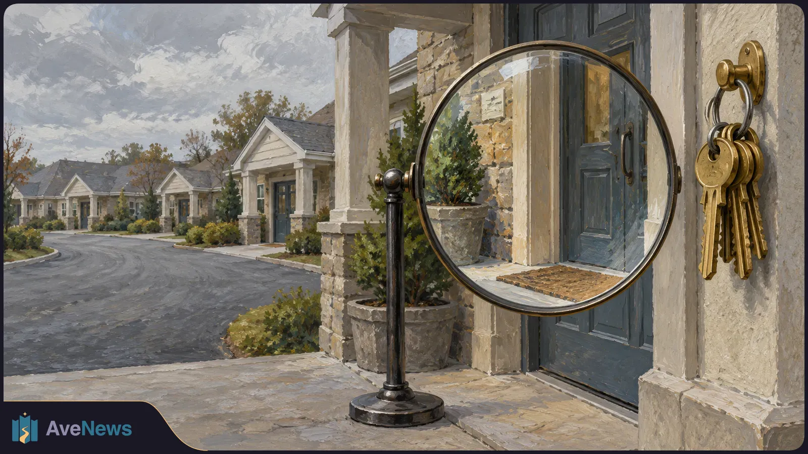 Painted scene of a curved drive lined with buildings. In the foreground, a round mirror reflects a blue front door; a ring of keys hangs on the wall beside it. SI illustration