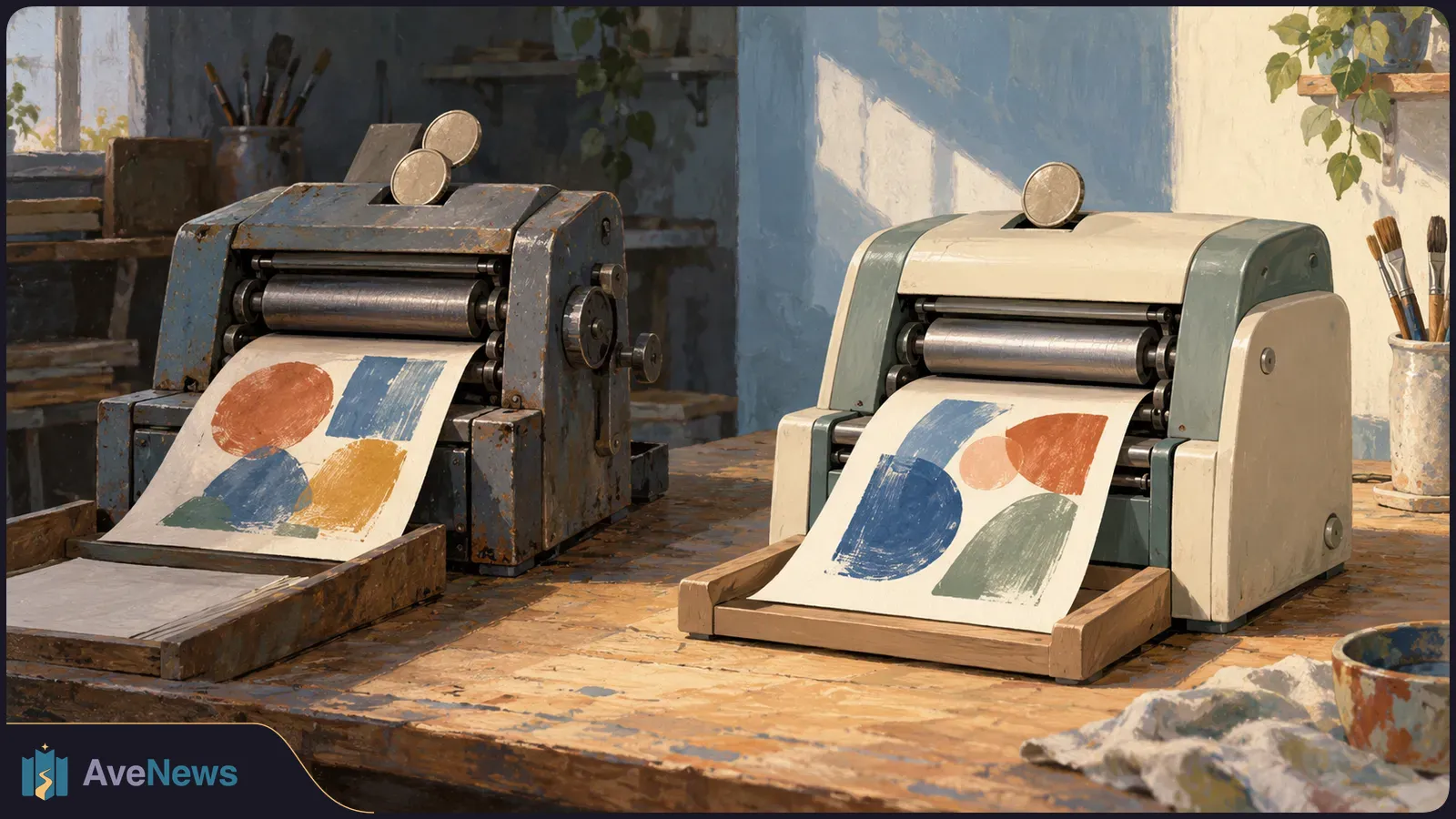 Two printing presses on a wooden table feed out sheets with colorful abstract shapes. Two coins sit on the older press and one on the newer press. SI illustration