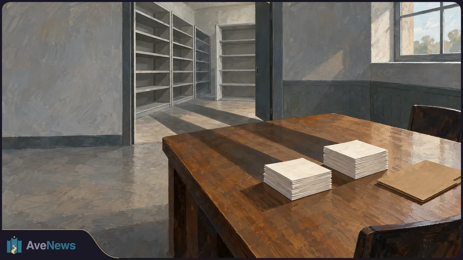 Painted empty office with bare shelves beyond an open doorway and stacks of blank paper on a wooden table. SI illustration