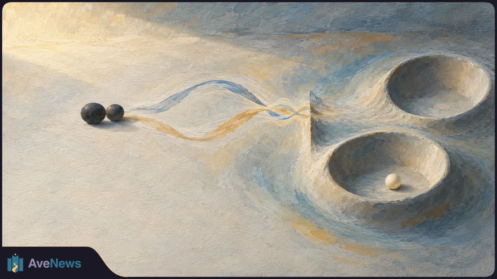 Painted scene of two dark spheres beside crossing blue and gold wavy paths, with a pale sphere in one of two bowl-shaped hollows. SI illustration