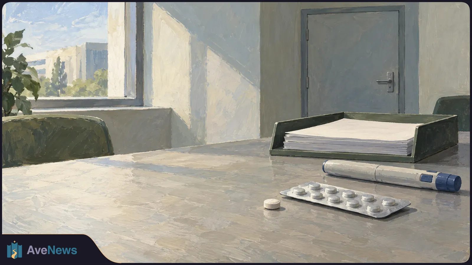 Painted scene of tablets in a blister pack, a loose tablet and an injection pen on a desk, with a paper tray, chairs and a sunlit window behind them. SI illustration