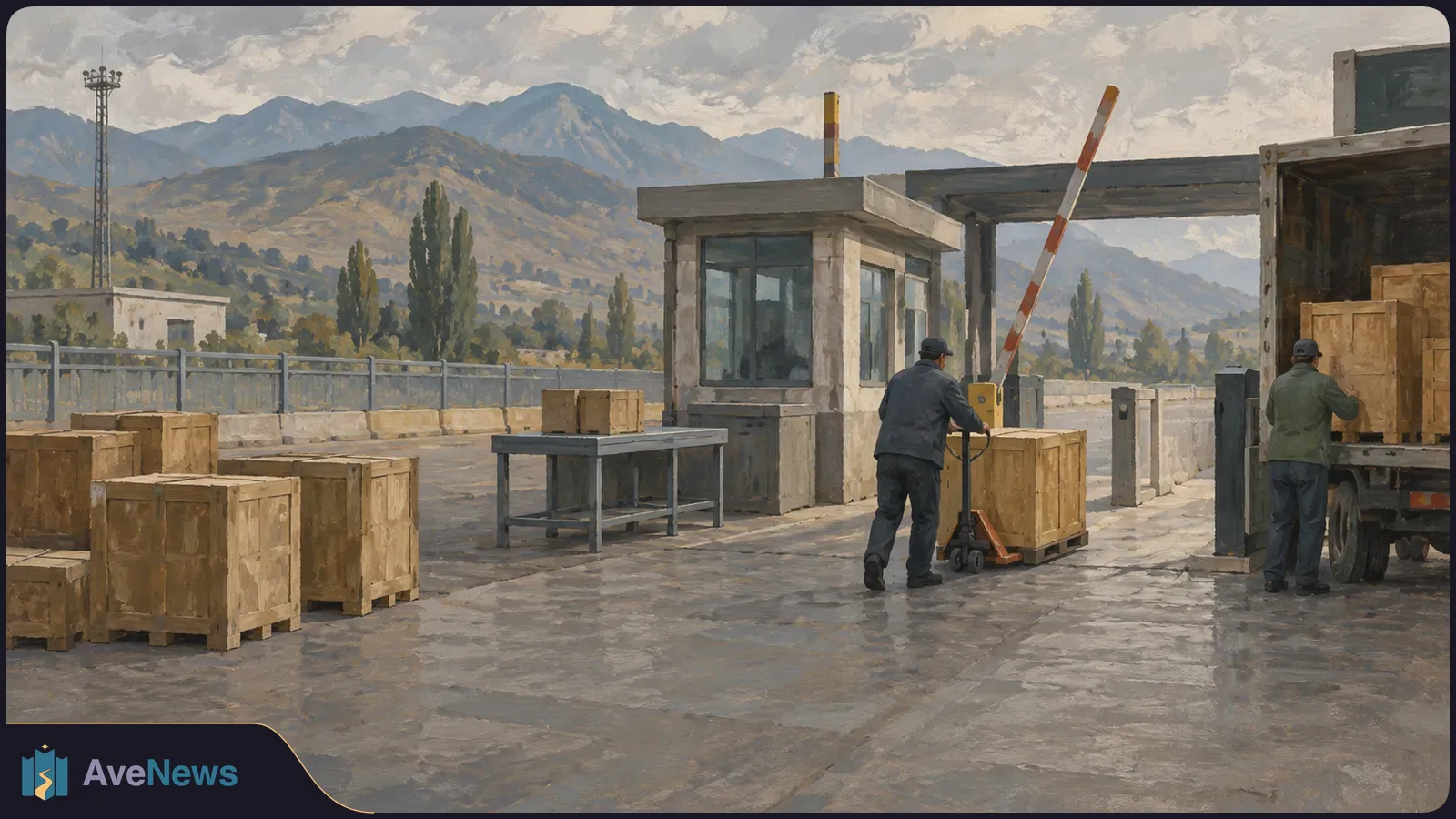 Painted scene of wooden crates at a checkpoint, with one worker moving a crate on a pallet jack and another beside an open truck. Mountains rise behind them. SI illustration