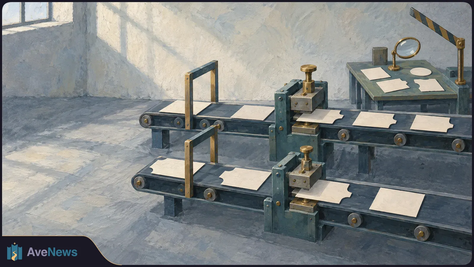 Painterly illustration of two conveyor belts carrying blank sheets through metal presses, with more sheets and a magnifying glass on a nearby table. SI illustration