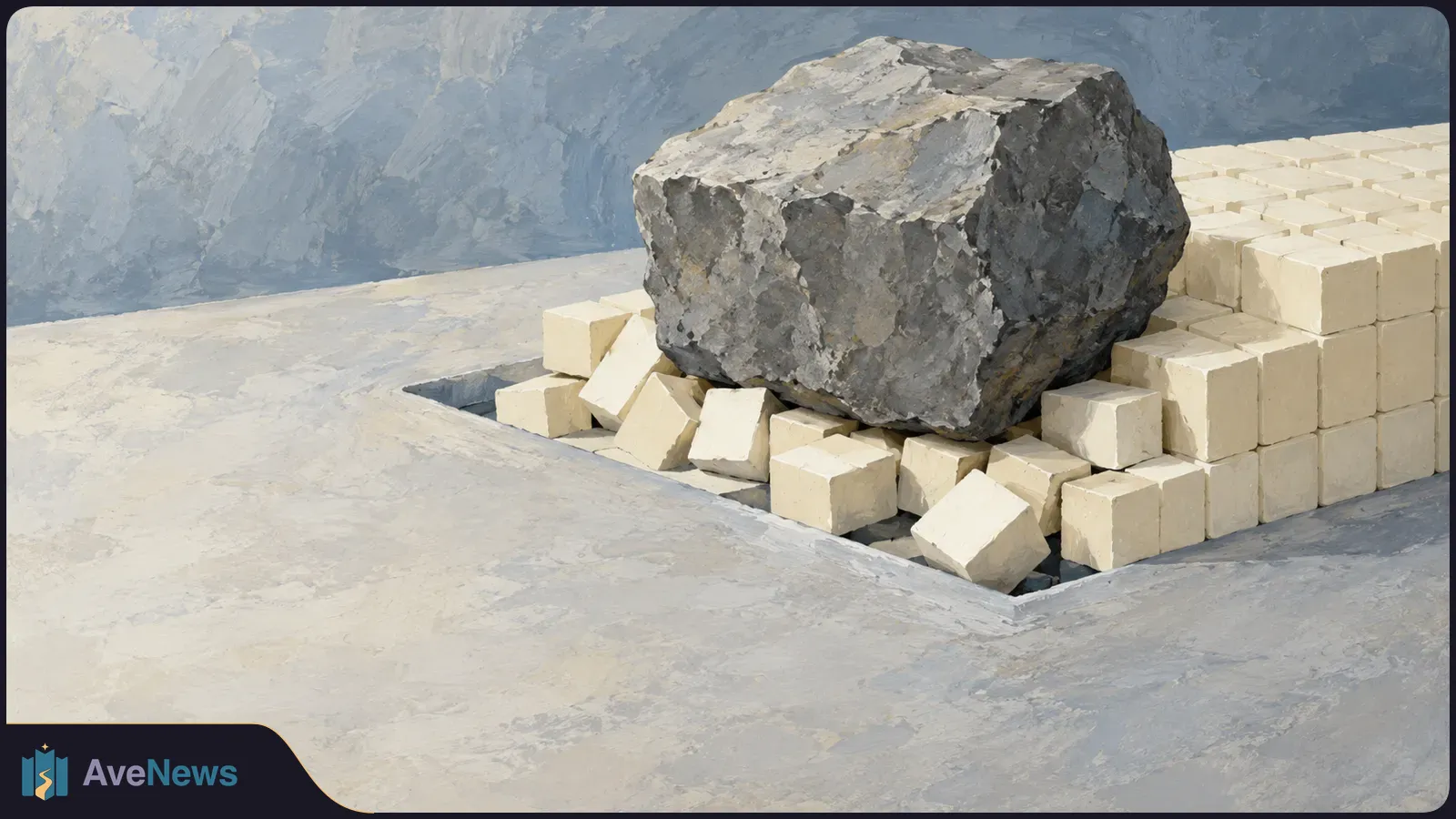 Painterly illustration of a large gray rock resting on cream-colored blocks, some tilted, in a recessed area of a pale surface. SI illustration