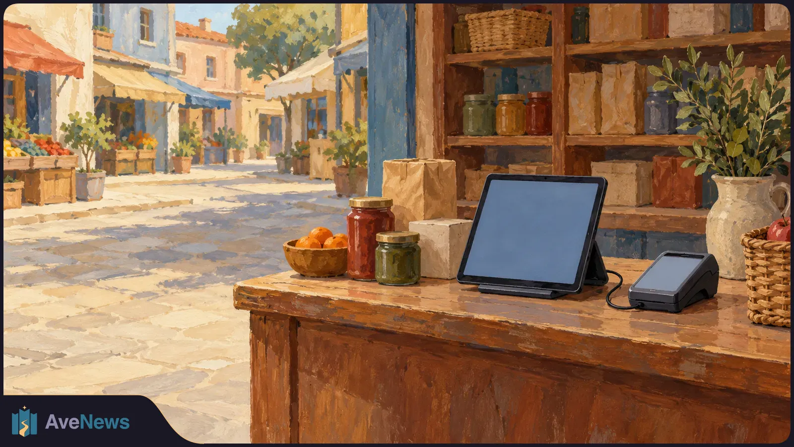Painterly street market scene with a wooden shop counter holding a blank tablet, card reader, jars and fruit; shelves and produce stalls line the sunlit lane. SI illustration